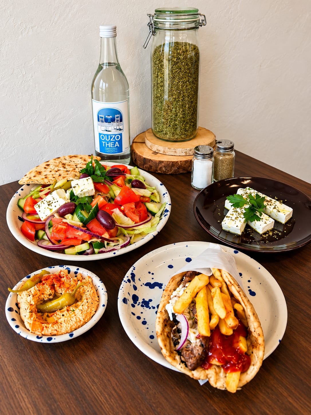 Gedeckter Tisch mit mehreren Tellern, Dips und Pommes - POPI, Berlin-Schöneberg